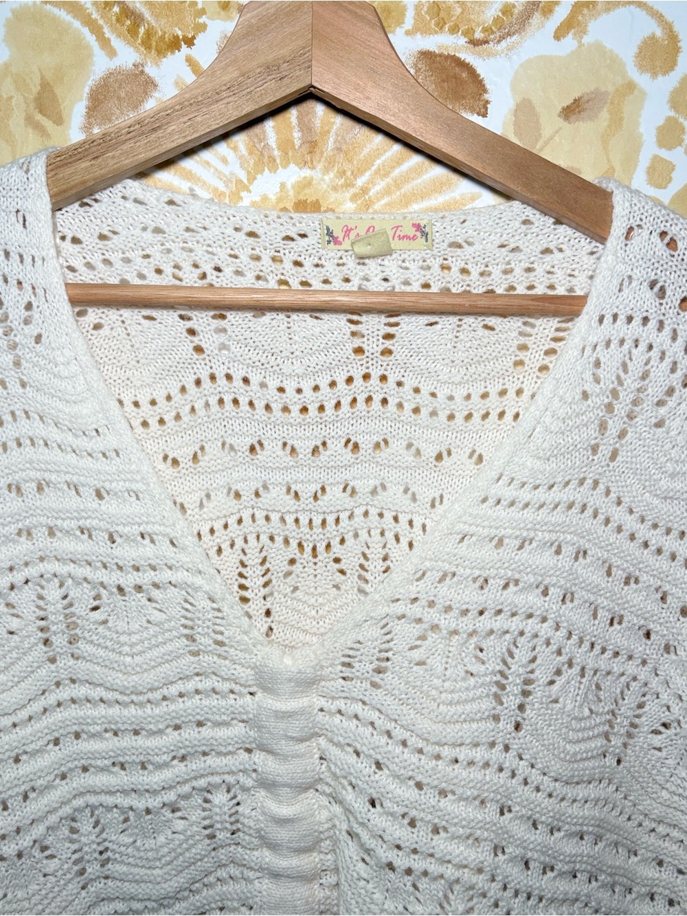 Cream Crochet Knit Cardigan Sweater | Boho Tie Front Top | Coastal Cottagecore - Picture 7 of 12